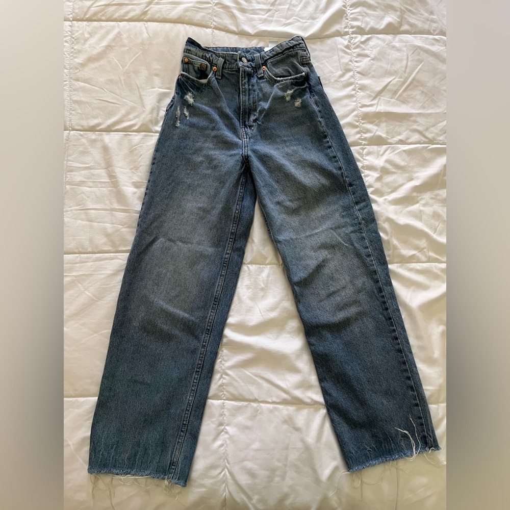 H&M Distressed Blue High Waisted Loose Straight Leg Jeans